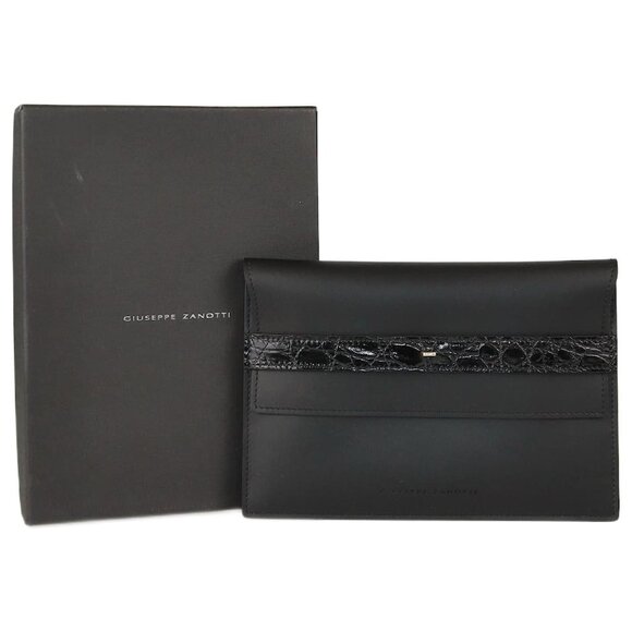 196. GIUSEPPE ZANOTTI Black Slim Envelope Clutch Leather NEW in Box 8"x5.5" $250 - Picture 1 of 5